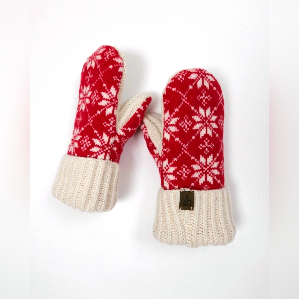 Upcycled Wool Cashmere Sweater Mittens Red Ivory Snowflake Double Lined S/M